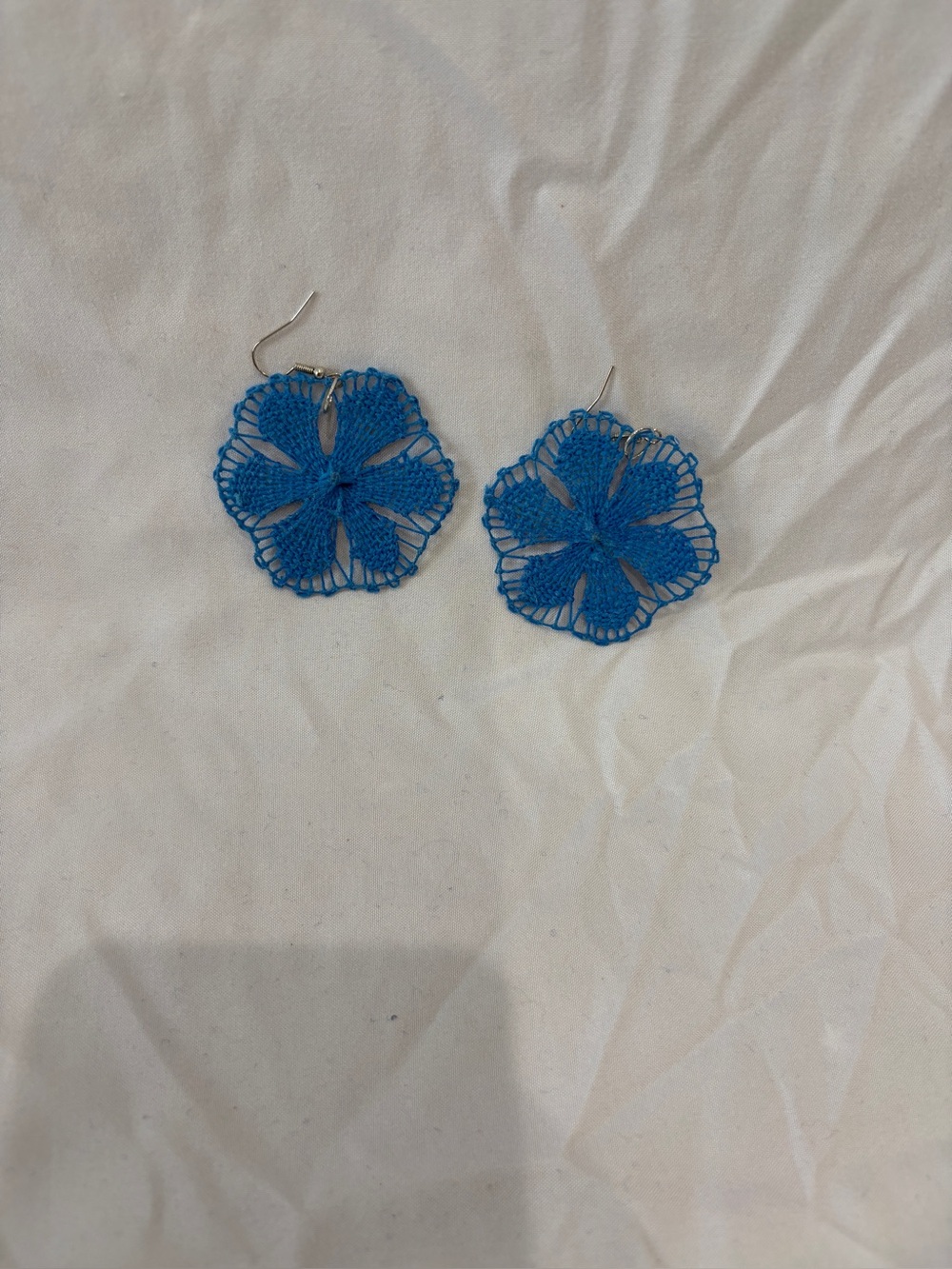 Handmade Blue Crochet Flower Drop Earrings. Itagua, Paraguay crafted
